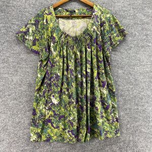 Daisy Fuentes Blouse Women L Large Green Colorblock Short Sleeve Round Neck